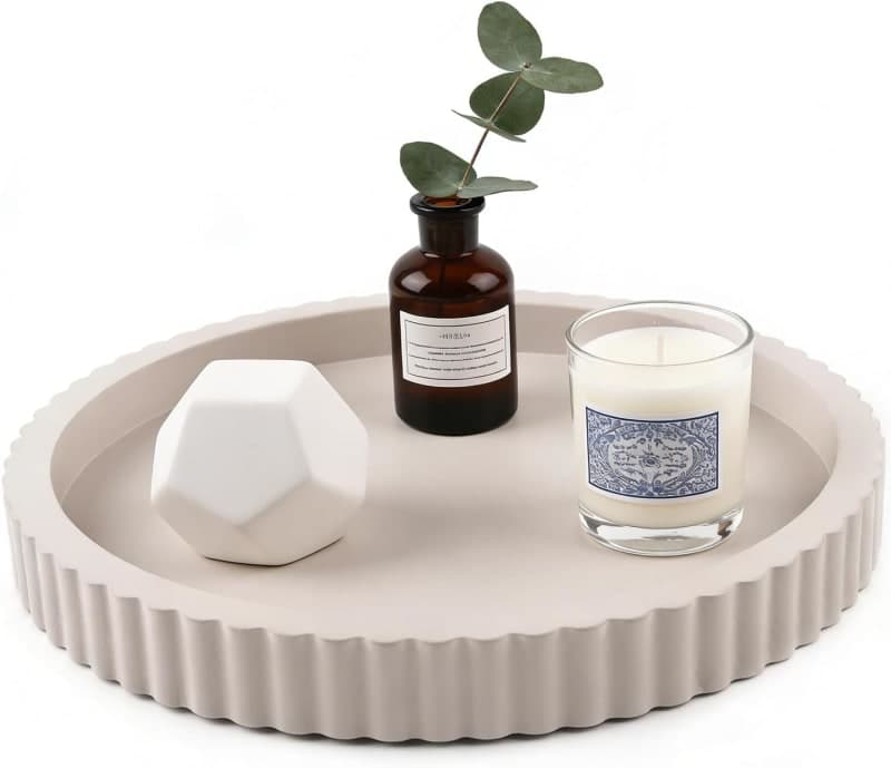 Gray beige round decorative tray for candles, perfume, vanity styling, and coffee table decor gallery view 1