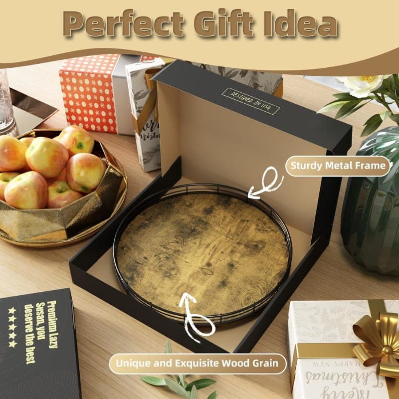 Rustic wood lazy Susan turntable organizer for spices, condiments, vanity items, and countertop storage gallery view 1