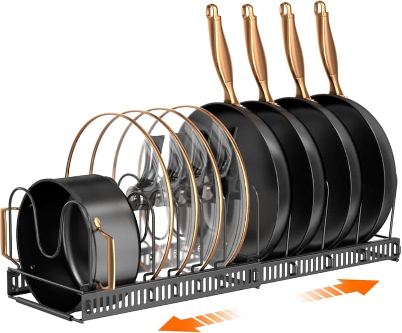 Expandable black cabinet rack holding pans, pot lids, bakeware, and cutting boards in adjustable compartments. gallery view 1