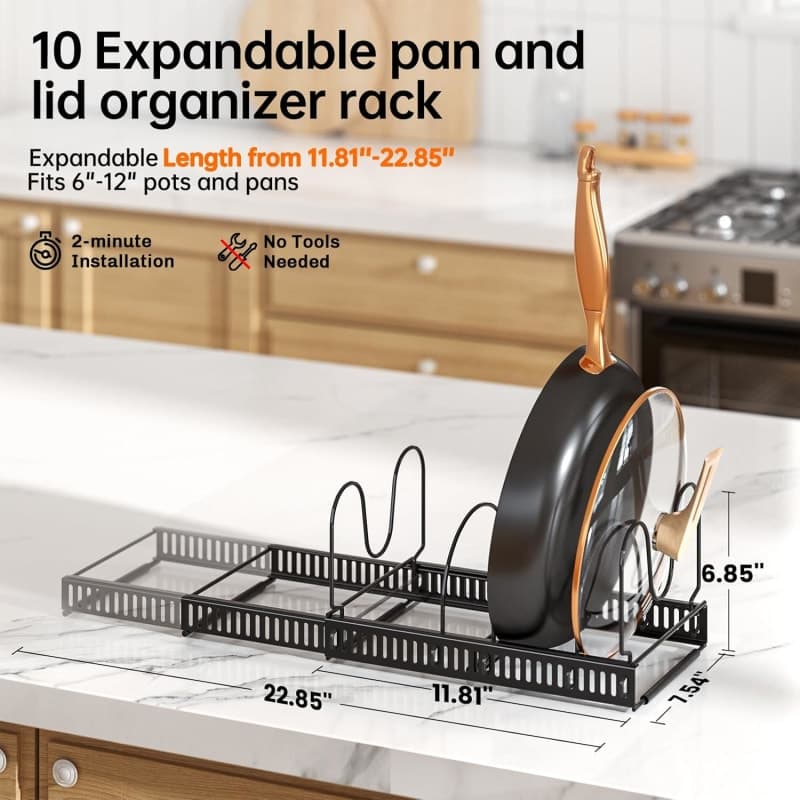 Expandable black cabinet rack holding pans, pot lids, bakeware, and cutting boards in adjustable compartments. gallery view 3