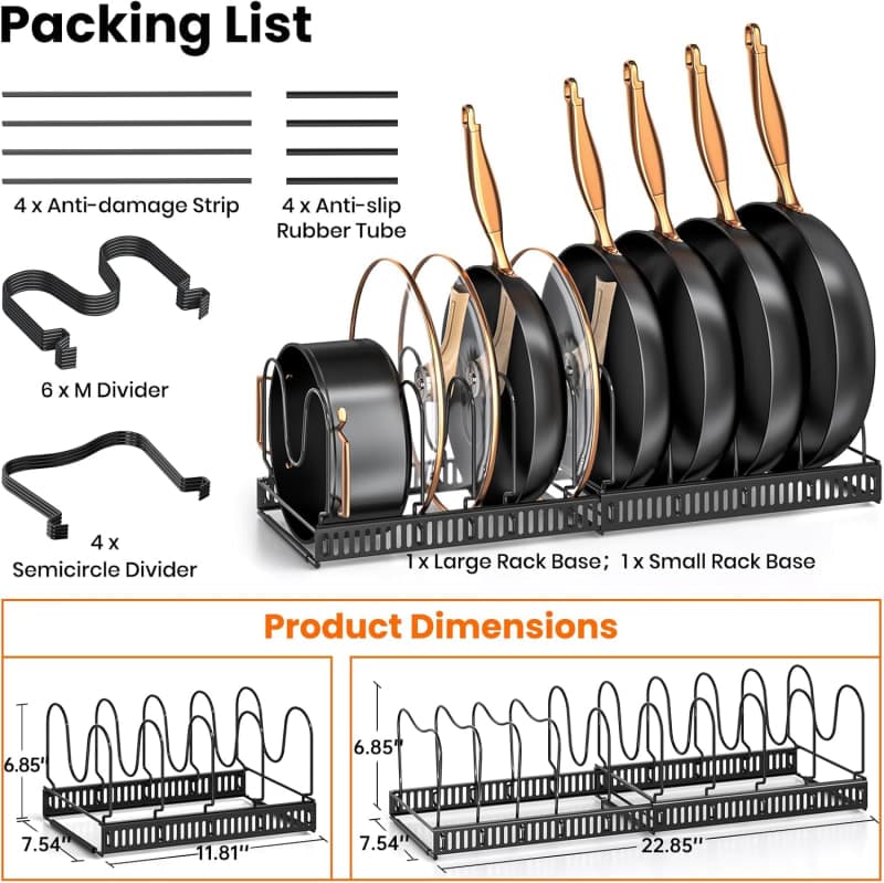 Expandable black cabinet rack holding pans, pot lids, bakeware, and cutting boards in adjustable compartments. gallery view 2