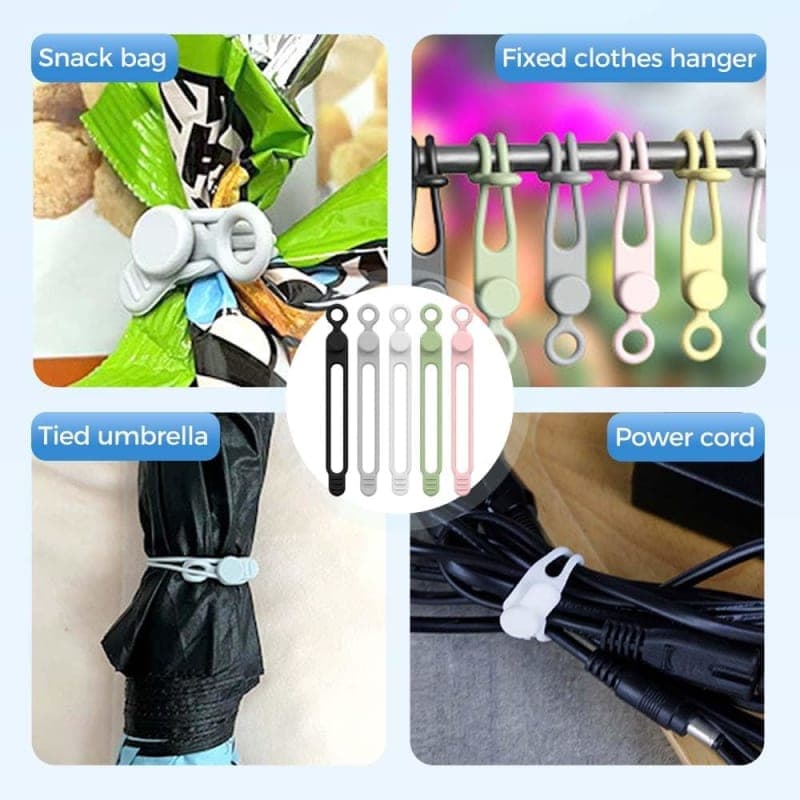 Ten reusable silicone cable ties in pink, green, gray, black, and white for organizing cords and headphones. gallery view 2