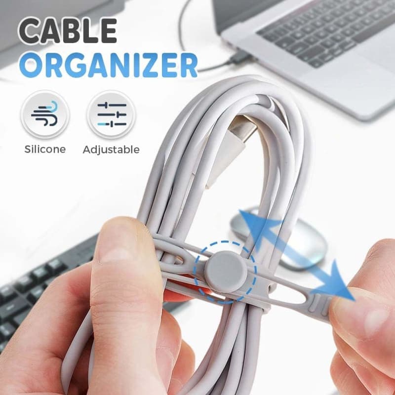 Ten reusable silicone cable ties in pink, green, gray, black, and white for organizing cords and headphones. gallery view 4