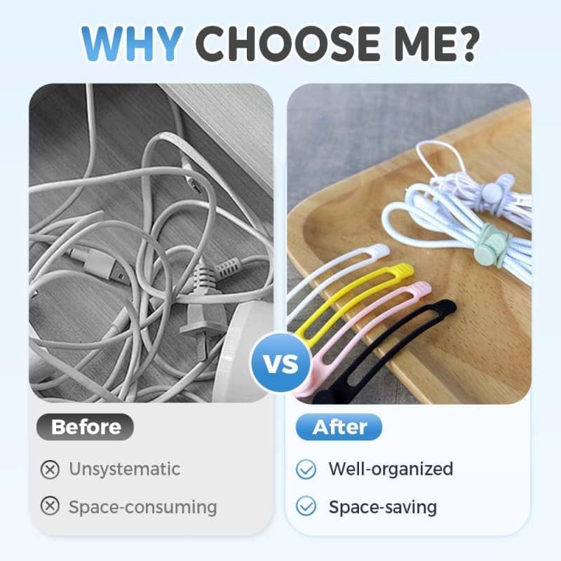 Ten reusable silicone cable ties in pink, green, gray, black, and white for organizing cords and headphones. gallery view 3