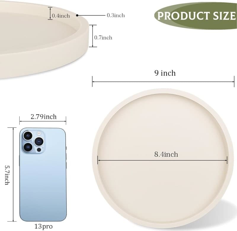 Round beige silicone organizer tray styled with a candle, diffuser, and decorative vase for a bathroom vanity or coffee table. gallery view 1