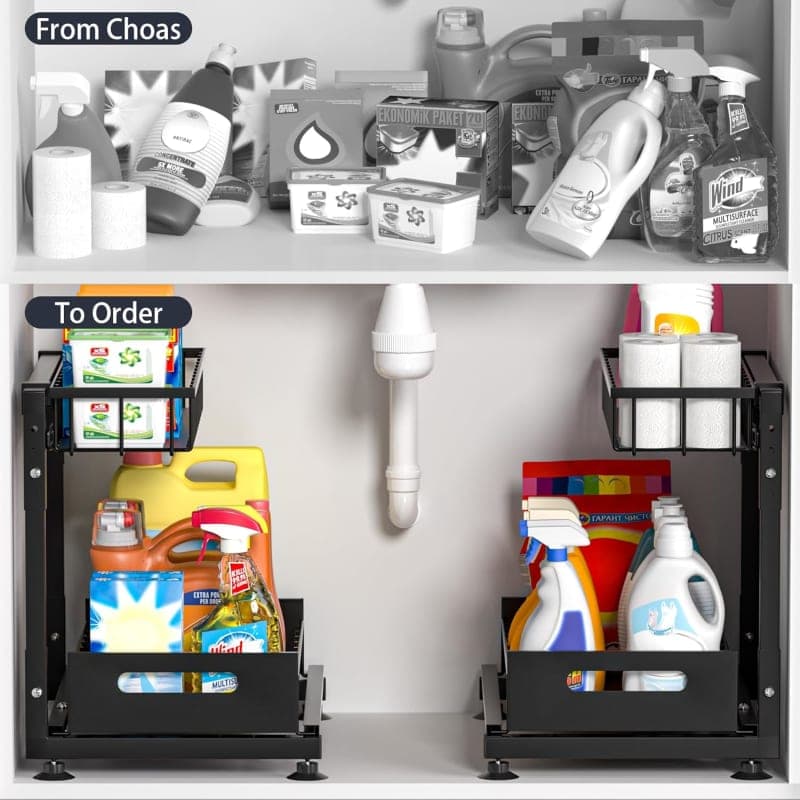 Black metal two-tier pull-out organizers storing cleaning supplies beneath a kitchen or bathroom sink. gallery view 4