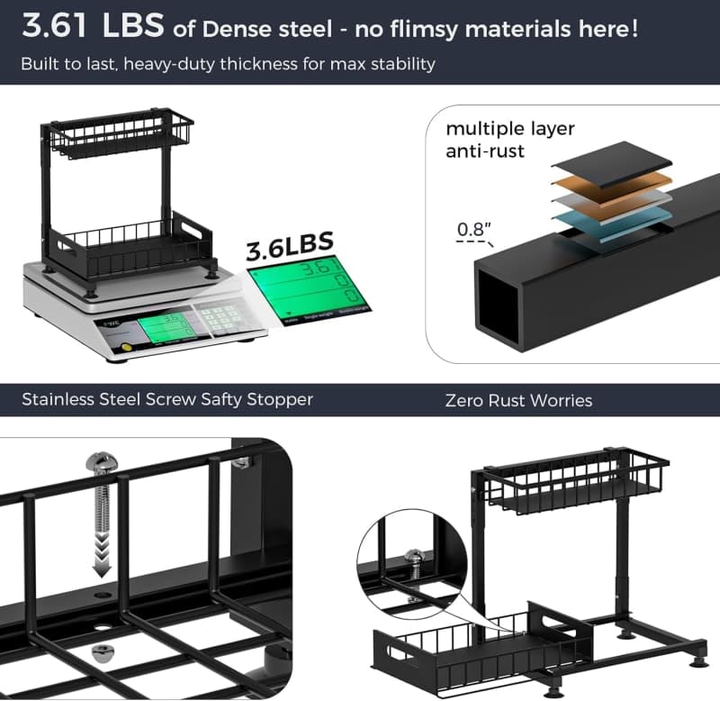 Black metal two-tier pull-out organizers storing cleaning supplies beneath a kitchen or bathroom sink. gallery view 2
