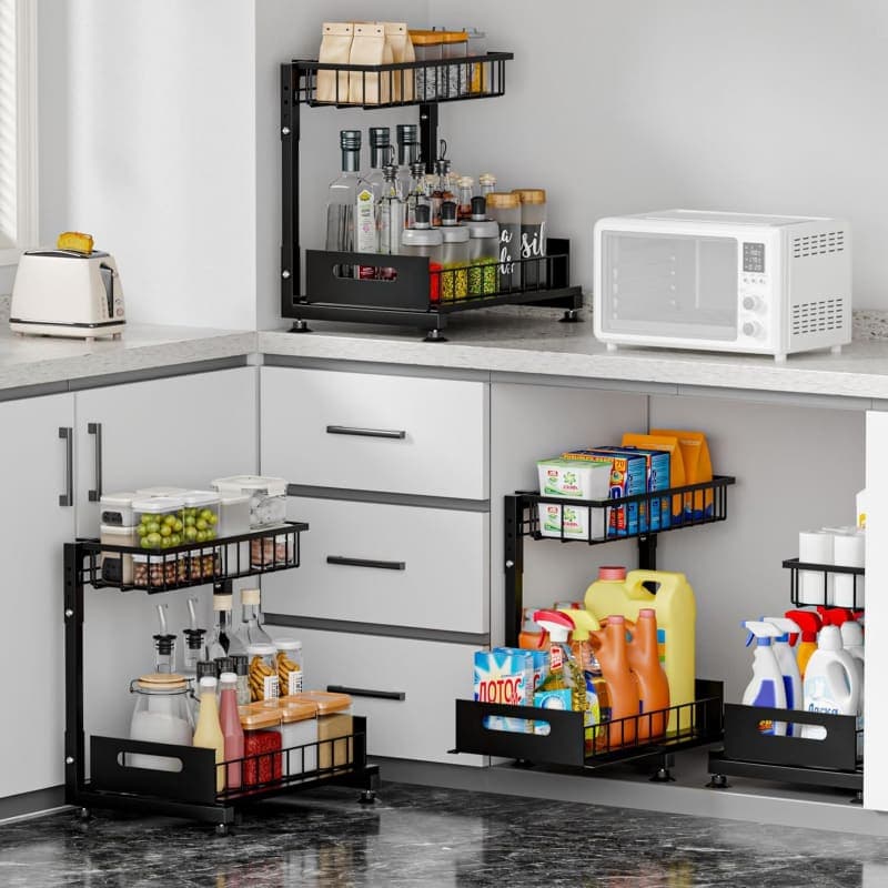 Black metal two-tier pull-out organizers storing cleaning supplies beneath a kitchen or bathroom sink. gallery view 3