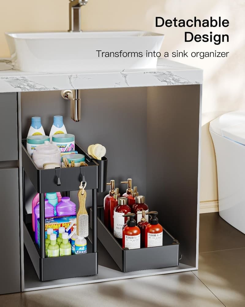Black three-tier rolling storage cart holding bathroom supplies gallery view 1