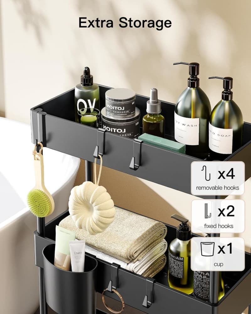 Black three-tier rolling storage cart holding bathroom supplies gallery view 4