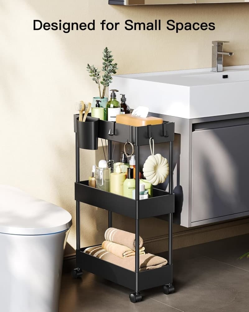 Black three-tier rolling storage cart holding bathroom supplies gallery view 3
