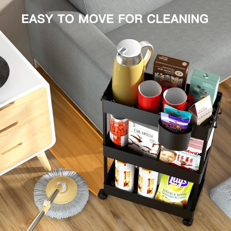 Black three-tier rolling storage cart holding bathroom supplies gallery view 2