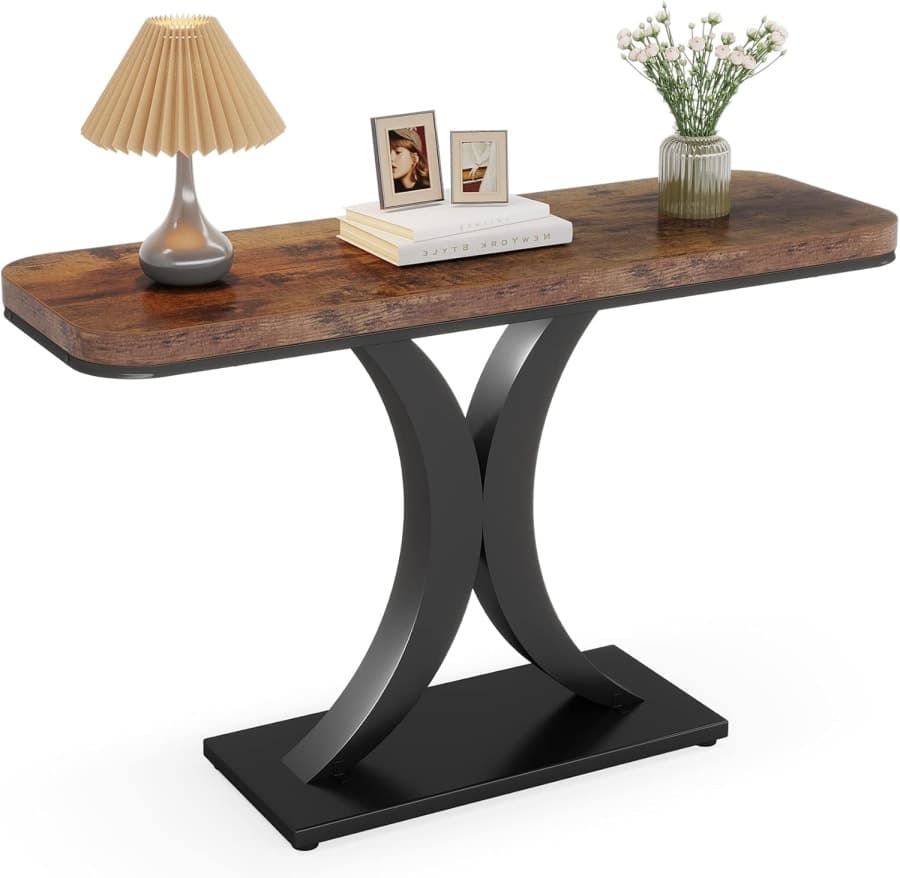 Rustic brown wood and metal console table with industrial style for entryways, hallways, and living room decor.