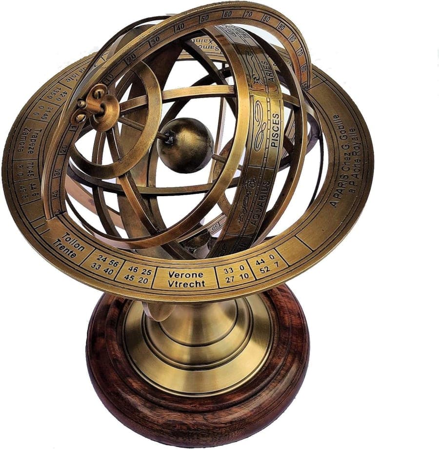 Antique brass armillary globe with wooden base and celestial design for office, library, and vintage home decor.