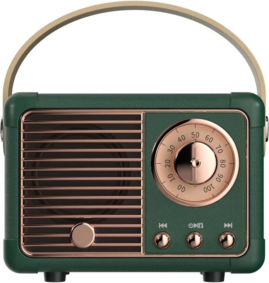 Green vintage wireless speaker with metal accents and retro style for desks, shelves, and stylish home decor.