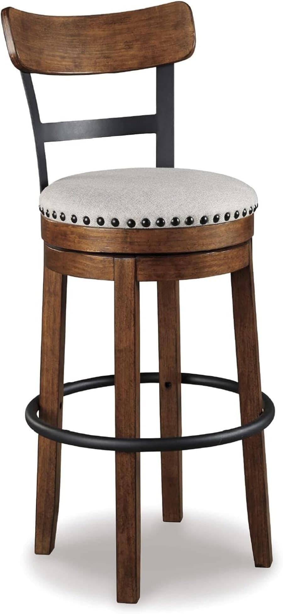 Dark brown wood and black metal swivel bar stool with rustic style for kitchen islands, home bars, and pub tables.
