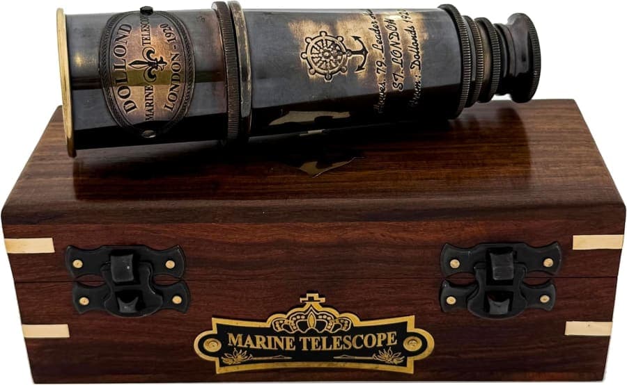 Antique brass maritime telescope with wooden display box and vintage nautical style for office and home decor.