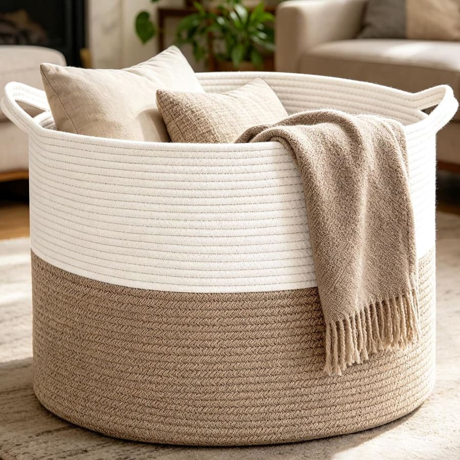 White and brown cotton rope basket for blankets and toys in a warm living room storage style.