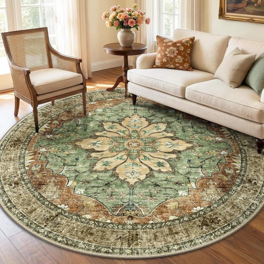 Round green vintage floral area rug with distressed medallion pattern for living room and bedroom decor