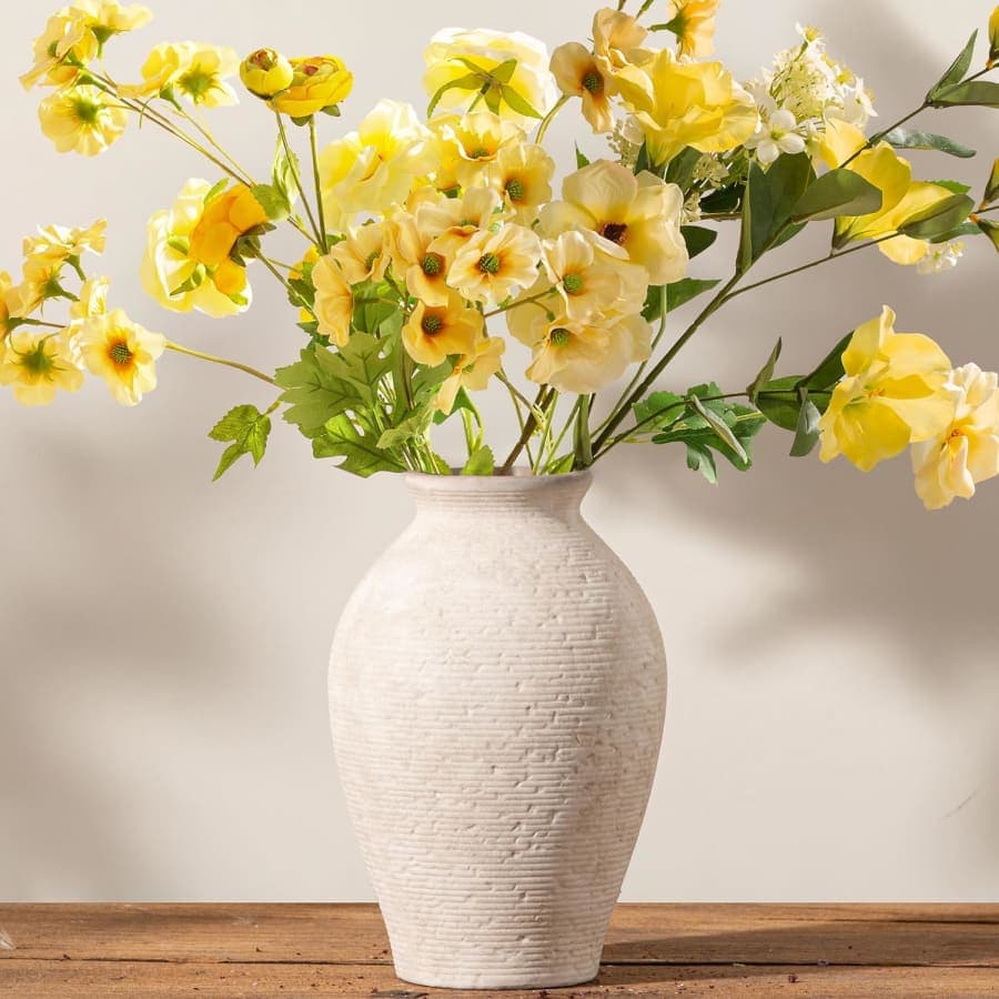 Rustic white ceramic flower vase with textured farmhouse style for living room, shelf, or dining table decor