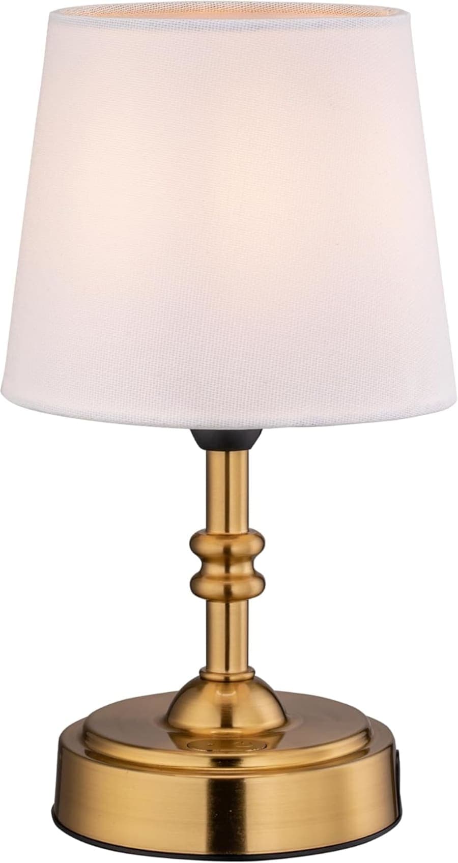 Antique brass cordless table lamp with white fabric shade for warm bedside or accent lighting