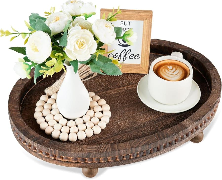 Brown beaded wooden tray for coffee table, kitchen counter, and rustic farmhouse tabletop decor.