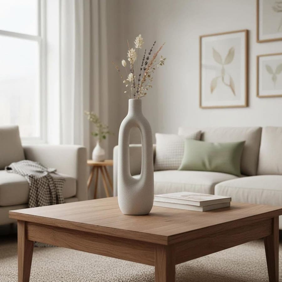 Tall skinny ceramic vase with oval cutout for dried flowers and modern farmhouse home decor.
