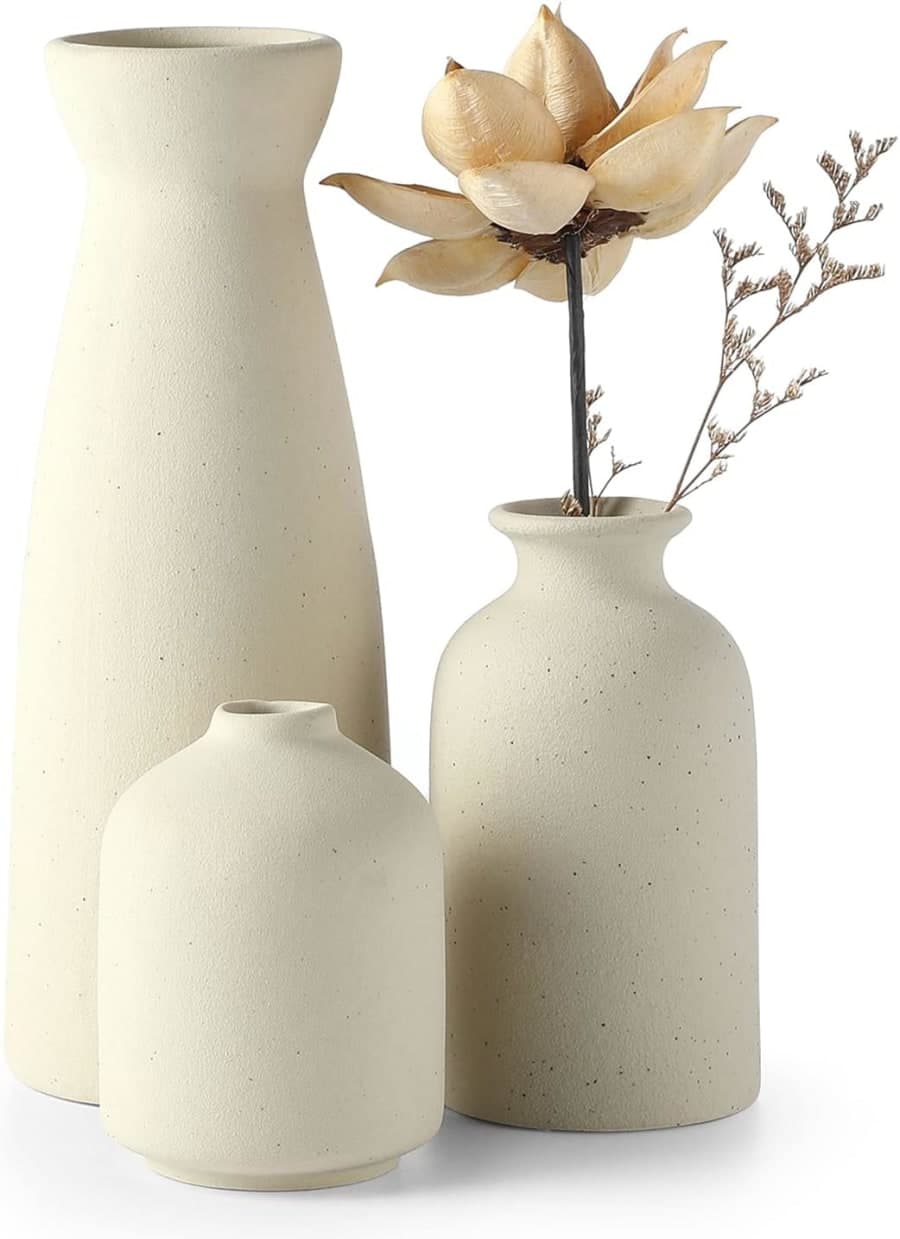 Beige ceramic vase set with textured finish for dried flowers, pampas grass, shelf, and table decor