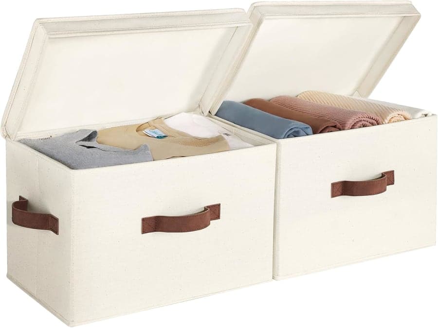 Ivory fabric storage bins with lids and brown handles for shelves, closets, and home organization