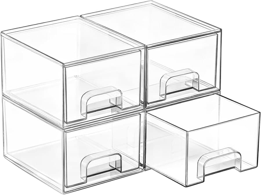 Clear acrylic stackable storage drawers for vanity, bathroom, pantry, and cabinet organization