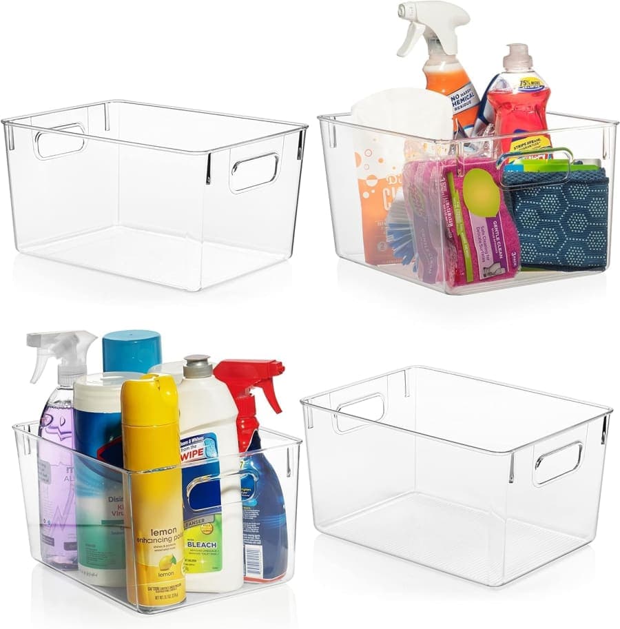Clear plastic storage bins with handles for pantry, kitchen, laundry, and cabinet organization