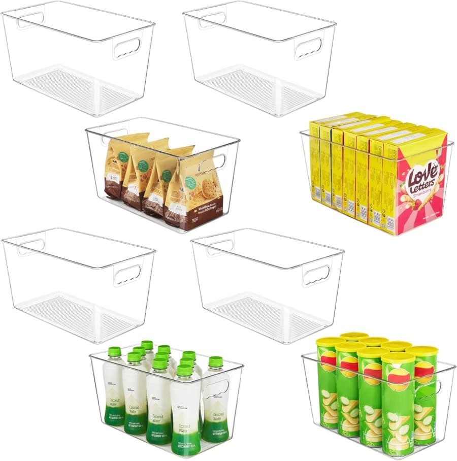 Clear plastic storage bins with handles for pantry, cabinet, closet, and home organization