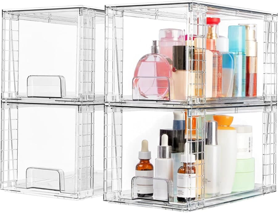 Clear stackable acrylic storage drawers for bathroom, closet, pantry, and under-sink organization