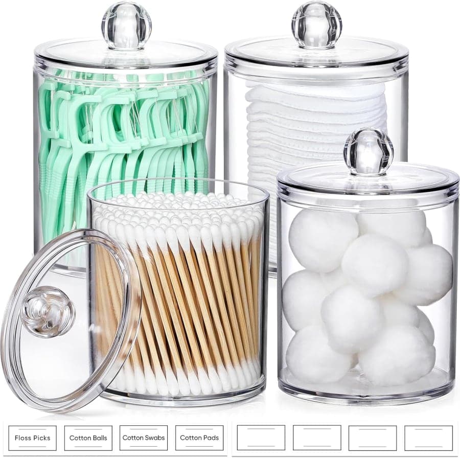Clear acrylic bathroom canister set for cotton swabs, cotton balls, pads, and vanity essentials