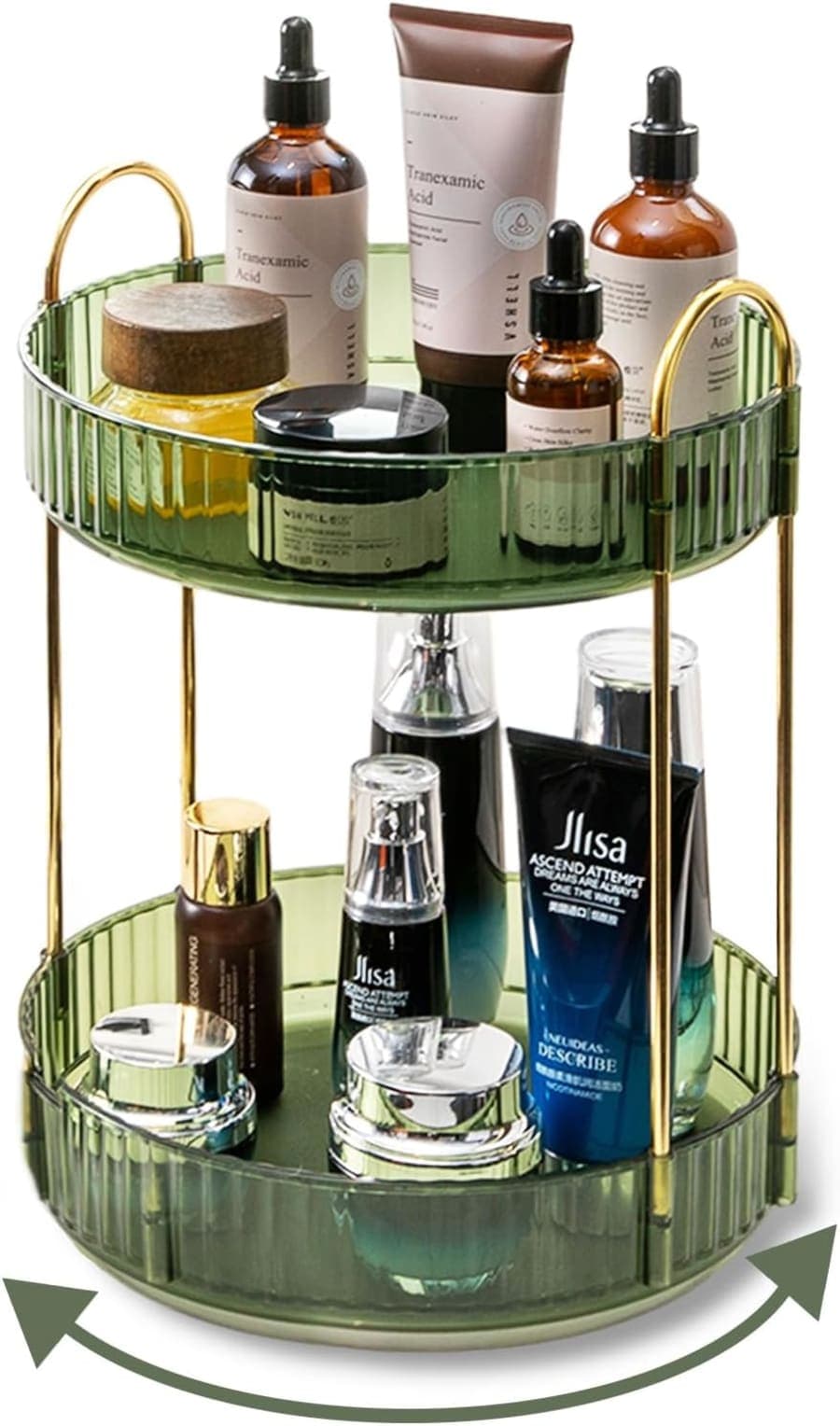 Green two-tier rotating vanity organizer with gold handles for skincare, makeup, and bathroom counter storage