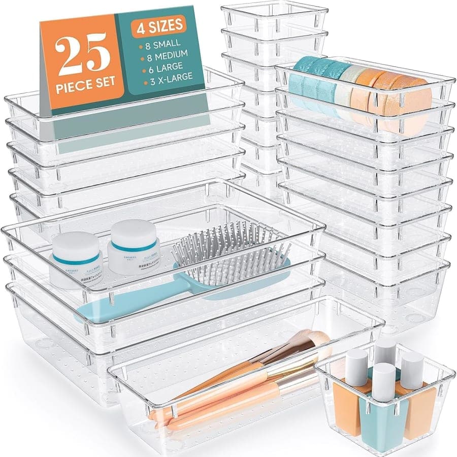 Clear plastic drawer organizer set in multiple sizes for makeup, jewelry, office, kitchen, and bathroom storage