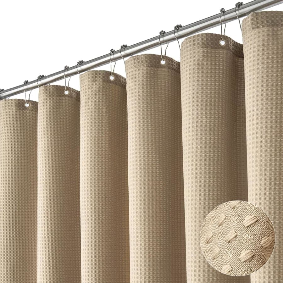 Beige waffle fabric shower curtain with textured hotel spa style for neutral bathroom decor