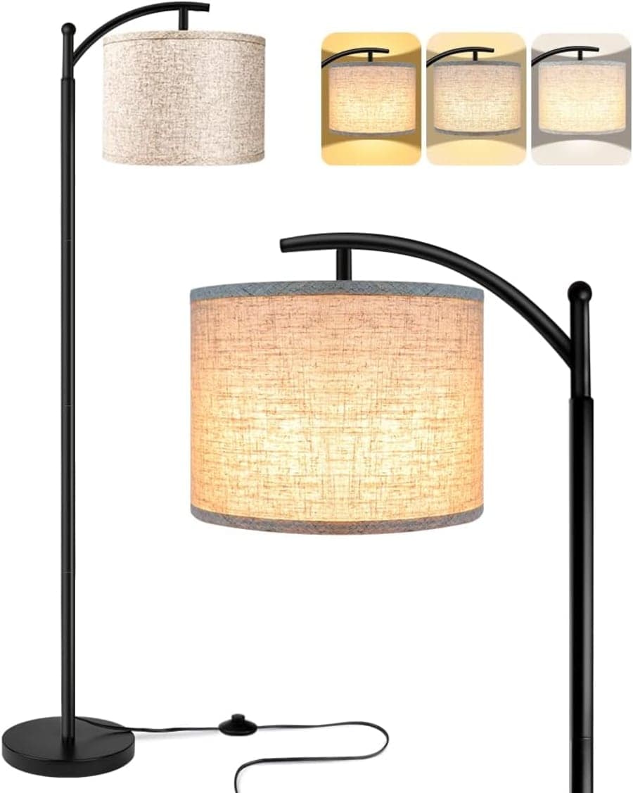 Black arc floor lamp with beige fabric shade for warm living room, bedroom, or office lighting