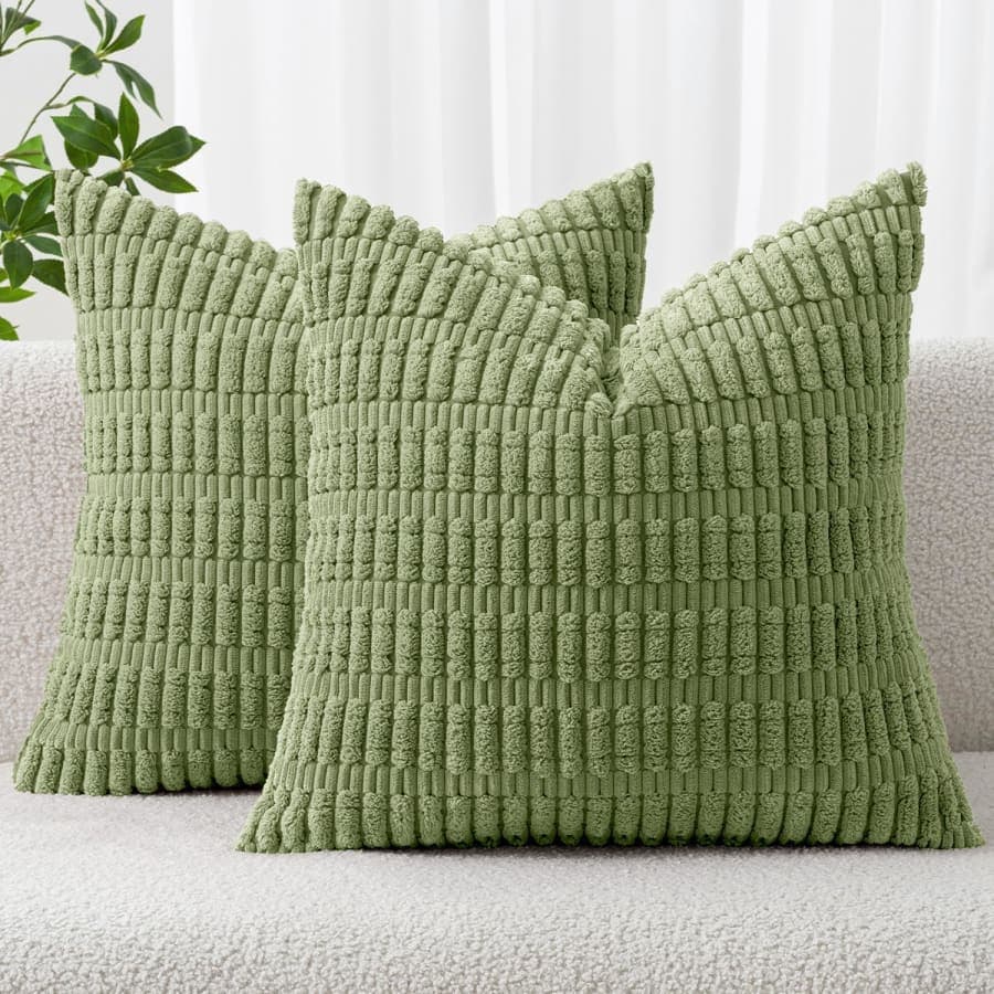 Sage green corduroy throw pillow covers with soft striped texture for sofa or bedroom decor