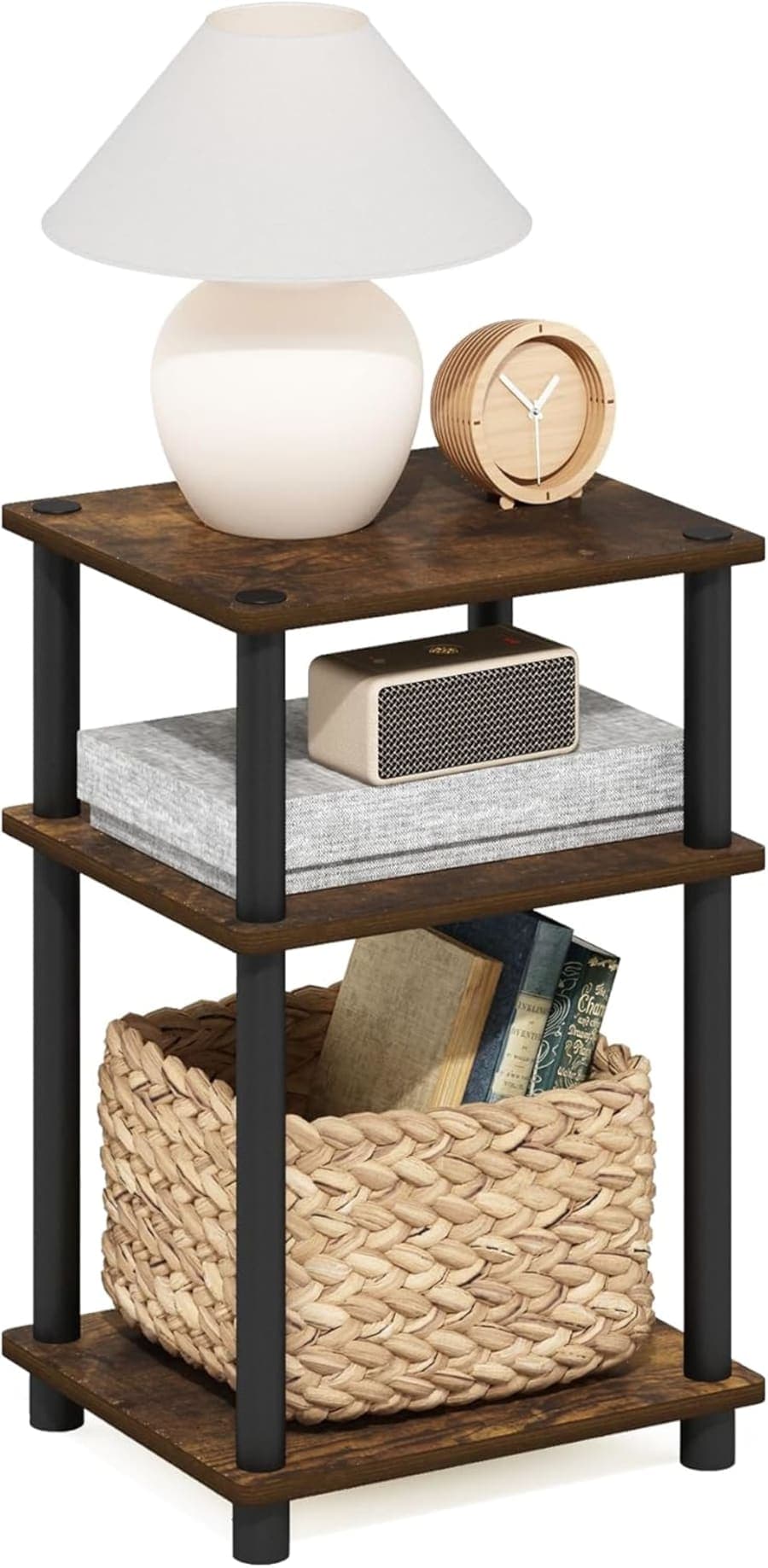 Amber pine 3-tier side table with black frame and open shelves for living room or bedroom storage