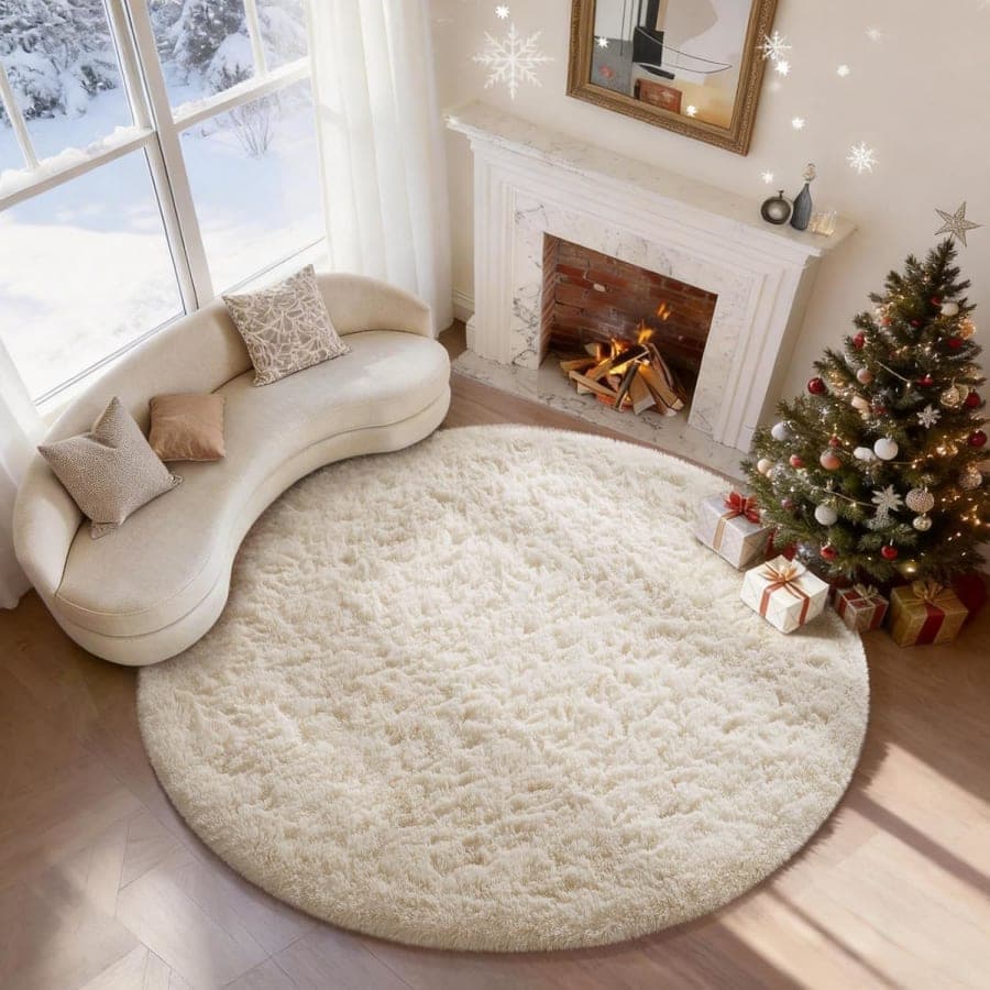 Ivory round shag area rug with soft plush texture for living room, bedroom, or nursery decor
