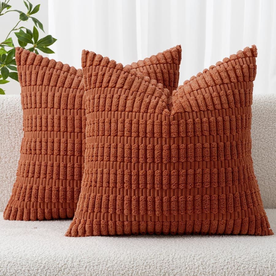 Rust corduroy throw pillow covers with striped texture for sofa, couch, or bed decor