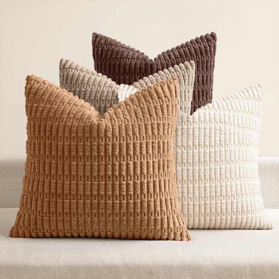 Neutral corduroy throw pillow covers in brown, beige, cream, and white for sofa or bed decor