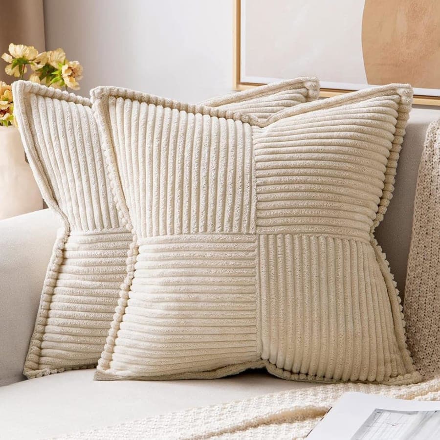 Beige corduroy patchwork throw pillow covers with striped texture for sofa or bed decor