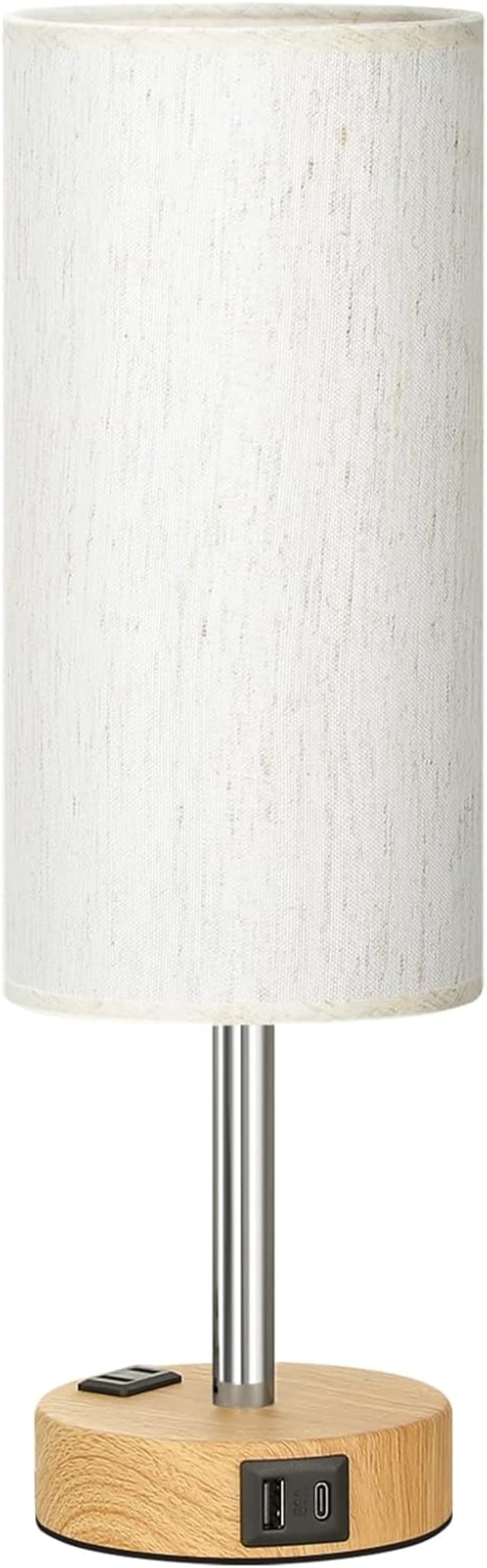 Dimmable touch bedside table lamp with wood base, fabric shade, USB-C port, and warm bedroom lighting