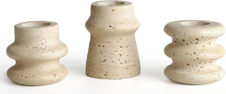 White natural stone taper candle holders with textured finish for table, mantle, or shelf decor