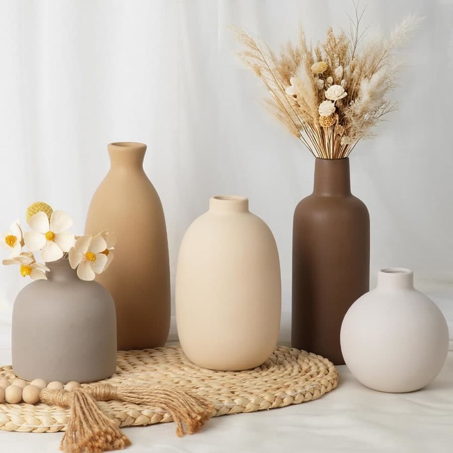 Neutral ceramic vase set in cream, brown, tan, white, and gray for flowers or pampas grass decor