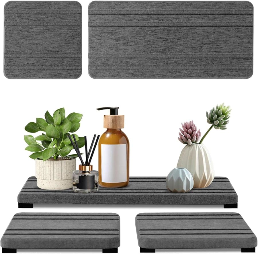Gray diatomite stone sink tray set for soap, sponge, plants, and bathroom or kitchen counter decor