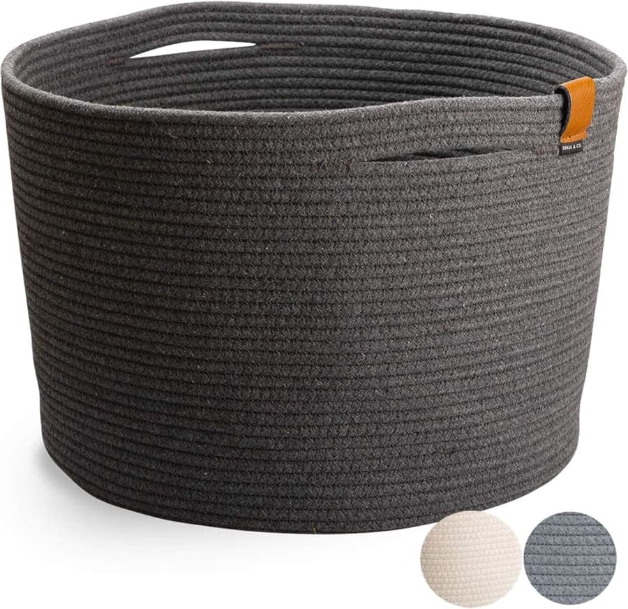 Charcoal gray woven storage basket with handles for shoes, blankets, toys, or entryway organization