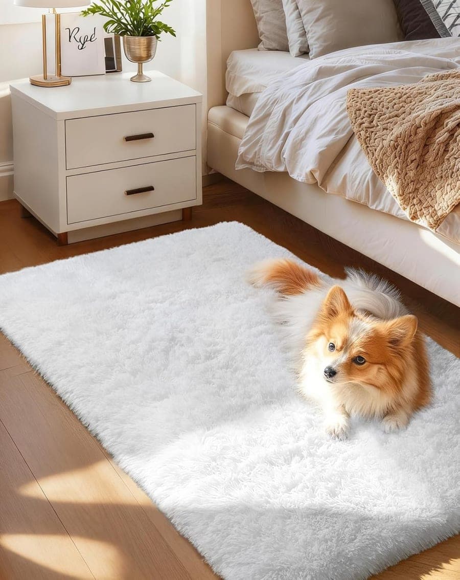 White fluffy washable bedside rug with soft shag texture for cozy bedroom floor decor